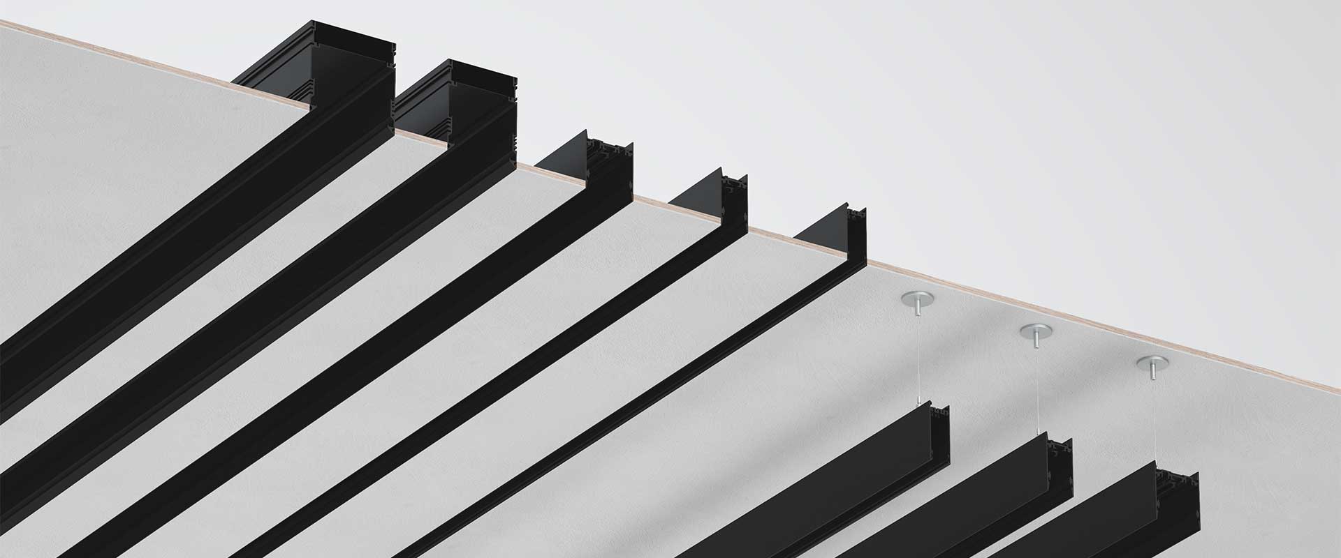 3Gi recessed and pendant channels shown in five aperture sizes, ready for lighting and mechanical integration.