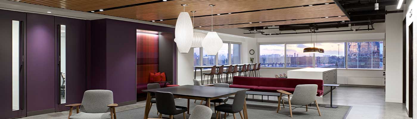 Lounge at Extendicare head office, in Toronto, Canada, featuring multiple runs of 3Gi recessed with Madison spotlights, HVAC, and speaker inserts