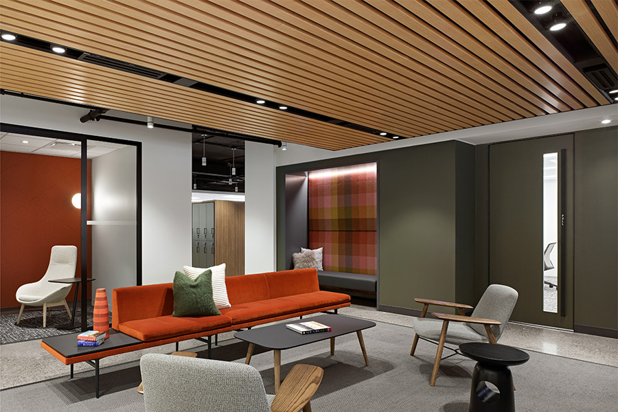 Lounge at Extendicare head office, in Toronto, Canada, featuring multiple runs of 3Gi recessed with Madison spotlights, HVAC, and speaker inserts