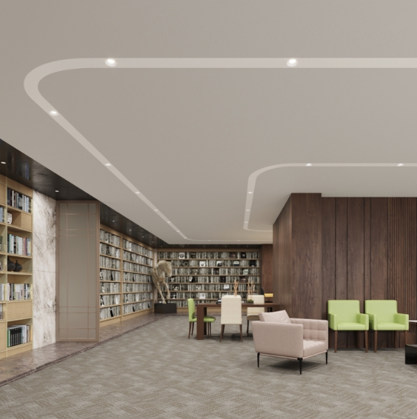 Downlights in a continuous channel following perimeter in a library