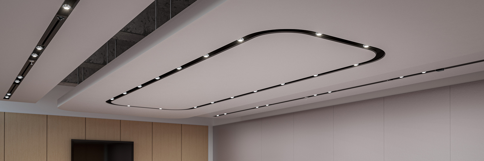 Rectangular configuration of Madison gimbals over a boardroom table paired with linear configurations along the wall