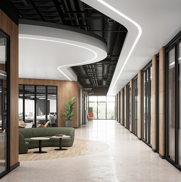 Curved channel framing an elevator lobby and 3 ring configurations over a reception desk